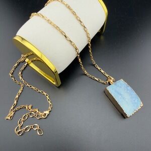 Gold Tone Blue Druzy Rectangle Pendant Necklace Adjustable Box Chain Boho Style
